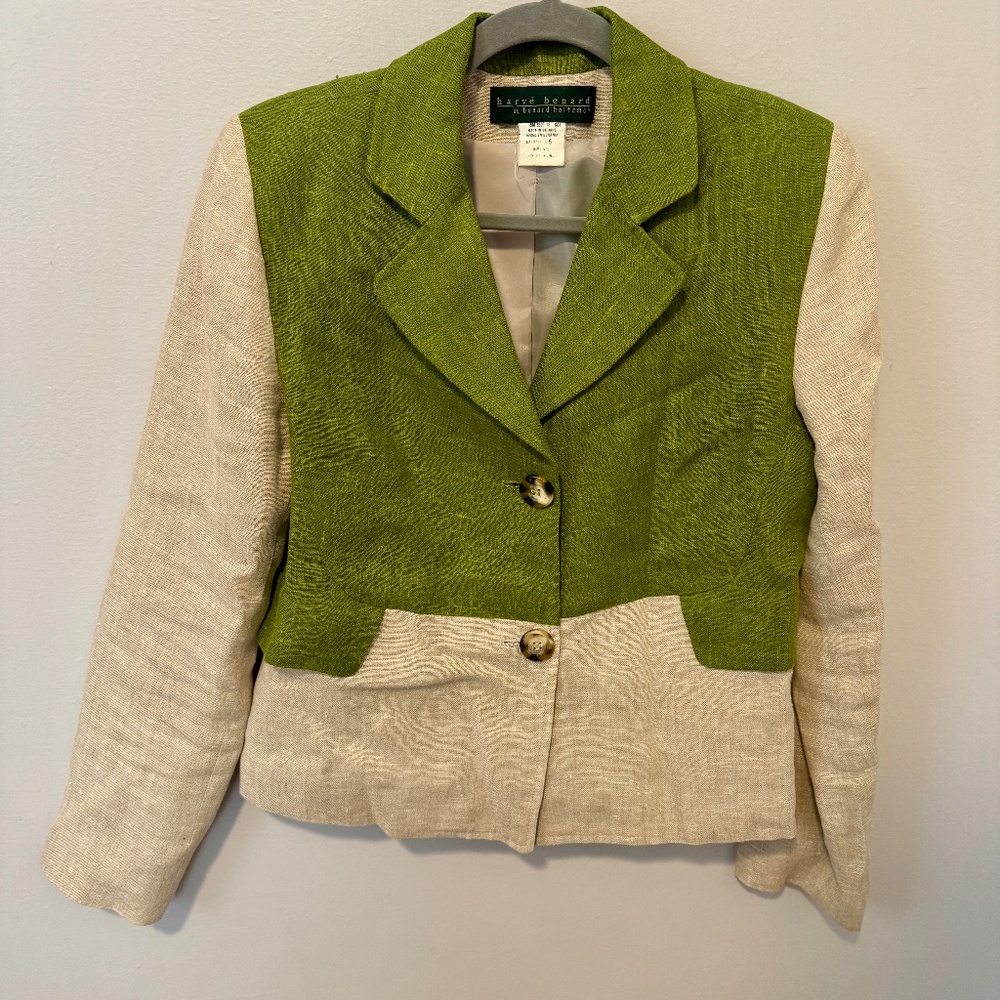 Vintage Harve Benard Blazer Two-Tone Color Block; Army Green/Beige, Women's 6